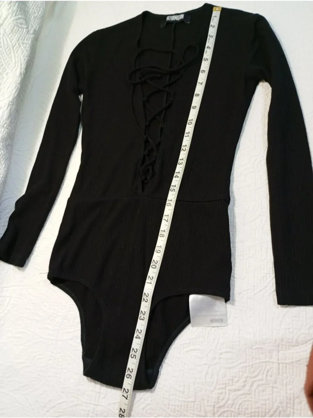 Reformation Black Long Sleeve Ribbed Lace-Up Front Bodysuit XS Womens USA-Made